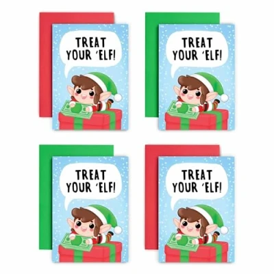 Image of Huxters Money Christmas Cards Wallets Pack of 4 Contains Treat Your Elf Design Universal Wallet for Cash Voucher and on Display Card A6 Size