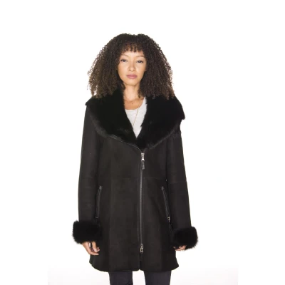 Image of Infinity Leather Women&#039;s Black Hooded Suede Merino Shearling Sheepskin Toscana Jacket Coat 5XL