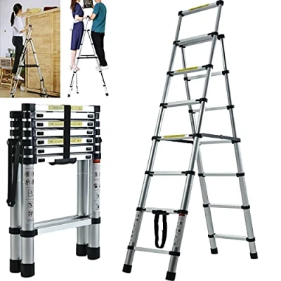Image of Telescopic Step Ladder 7 Tread Slip Resistant Aluminium Safety Tall Stepladder 150 kg Capacity Portable Foldable EN131 Approved