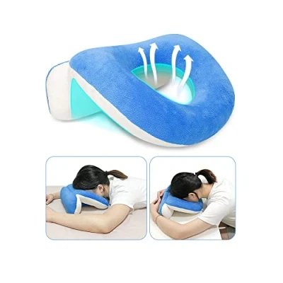 Image of Mybow Face Down Pillow After Eye Surgery Prone Vitrectomy Retina Recovery Equipment Donut Massage Head Cradle Facedown Desk for Napping Piercing Cushion (Blue)