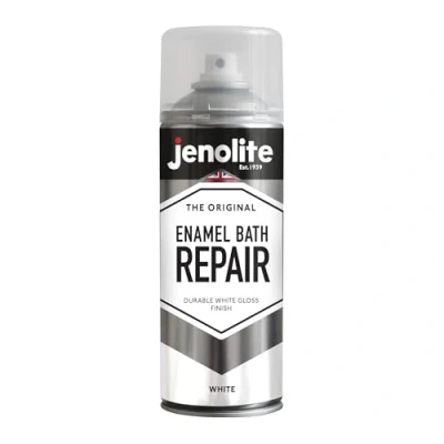 Image of JENOLITE Enamel Bath Repair Aerosol WHITE GLOSS 400ml Super Hardwearing &amp; Durable Finish Paint Scratche On Baths, Shower Trays, Sinks, Kitchen Appliances