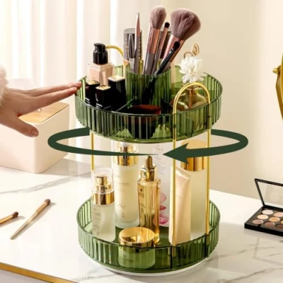 Image of Rotating Makeup Organiser, 2 Tier Green Make Up Organiser Perfect For, Skincare Bathroom Storage, Cosmetics Perfume (Green, Tier)