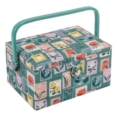 Image of Hobby Gift Exclusive Medium Sewing Craft Storage Box, Accessories Tray Pin Cushion Pocket PVC Handle 18.5 x 25.5 14.5cm, Embroidered Stamps