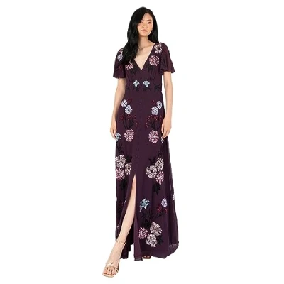 Image of Women&#039;s Maxi Dress Ladies Embroidered Sequin Embellished Button Front Split for Wedding Guest Bridesmaid Prom Evening, Berry, 6