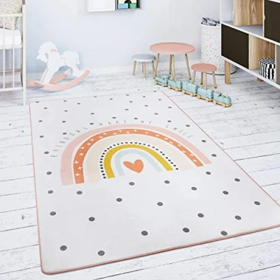 Image of Paco Home Kids Rug Children&#039;s Room Play Mat Baby Animals Rainbow Heart, Size:120x160 cm, Colour:Cream