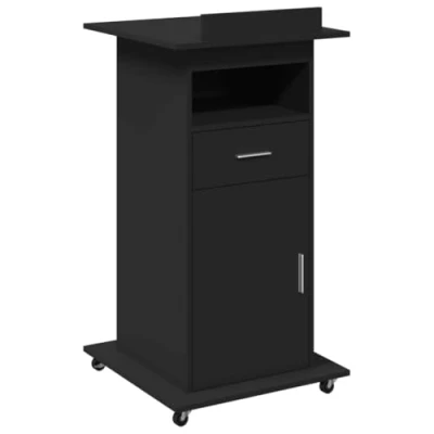 Image of vidaXL Lectern with Wheels &amp; Drawer Black Engineered Wood Podium/Standing Desk 55x55x107cm Tiltable Desktop, Ample Storage for Presentations/Business Meetings