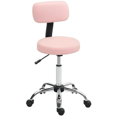 Image of HOMCOM Height Adjustable Rolling Stool with Backrest, Salon Chair Wheels, Faux Leather Swivel Task for Tattoo, Massage, Facial, Spa, Hairdressing, Pink