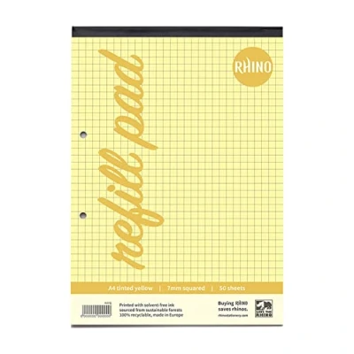 Image of RHINO A4 Refill Pad, Writing 100 Page / 7mm Squared, 1 Pack, Yellow Squared Paper for Dyslexia &amp; SEN, Office School Stationery Supplies