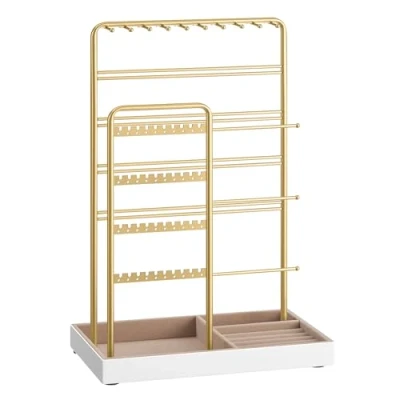 Image of SONGMICS Jewellery Stand, Organiser, Display Metal Frame, Velvet Tray, Earring Bracelet Necklace Holder, for Studs, Rings, Gift Idea, Pale Gold JJS028A01
