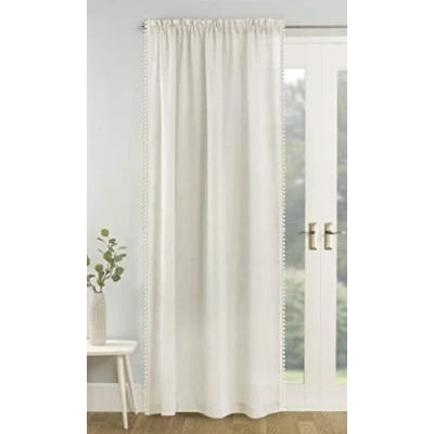 Image of Tyrone Textiles Ltd Tahiti Cream Pom Trim Linen Look Voile Panel (Drop 48&quot; (122cm))