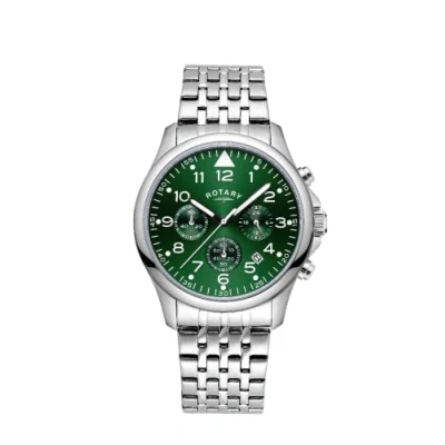 Image of Rotary Mens Chronograph Analogue Quartz Watch with Green Dial and Silver Stainless Steel Bracelet GB00475/56