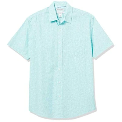 Image of Amazon Essentials Men&#039;s Regular Fit Short Sleeve Poplin Shirt, Aqua Blue Leaf Print, L