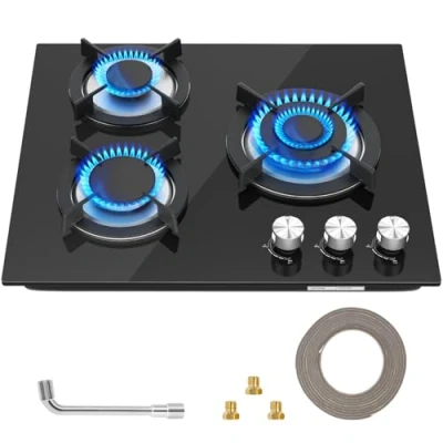 Image of Gas Hob 3 burners, Built in Black Glass with Flame Out Protection,Gas Cast Iron Supports,NG/LPG Convertible.