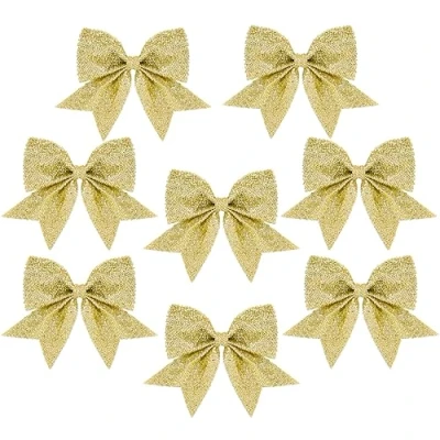 Image of VEYLIN Christmas Bow Decorations, 8pcs Gold Bows Decoration Tree Sequin Xmas Decorative Ornaments(Gold)