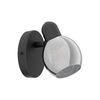 Image of EGLO Pollica Wall Light, 1 Bulb Indoor Spotlight Made of Steel and Smoked Glass, Living Room Lamp in Black, Hallway with E14 Socket