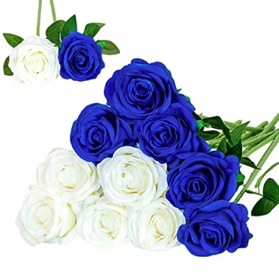 Image of Floralsecret 12 Pcs Artificial Silk Rose Flower Bouquet Faux Flowers（White&amp;Blue）
