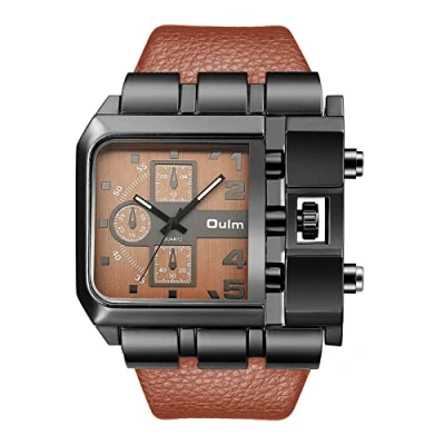 Image of JewelryWe Mens Military Watch Big Square Dial Quartz Casual Sports Leather Wristwatch