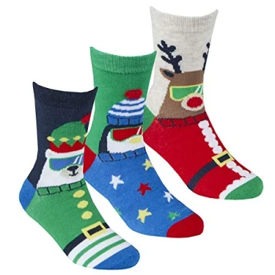 Image of Style It Up 3 Pack Boys/Girls Christmas Socks Novelty Festive Xmas Gifts Office Kids/Childrens Santa Reindeer (Red/Blue/Green, Kids UK 9 12)