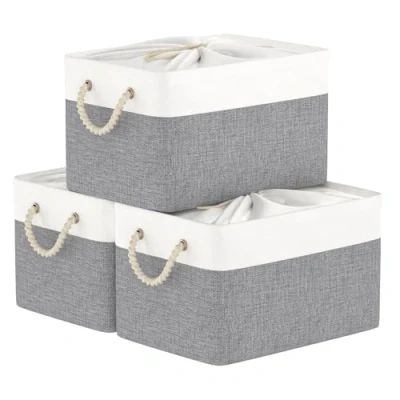 Image of Yawinhe Foldable Storage Baskets 3 Pack, with Drawstring Cover and 2 Handles, Collapsible Bins, for Shelves, Clothes,White/Grey, SNK003WGS
