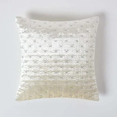 Image of HOMESCAPES Cream 55 x cm Large Crushed Velvet Cushion Cover with Embroidered Design Super Soft Off White Luxury Decorative Square Scatter Throw Pillow for Sofa or Bed Zip Closure