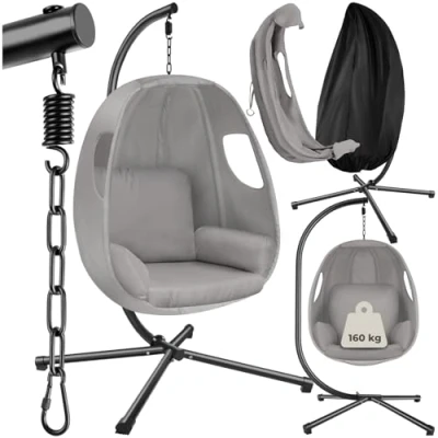 Image of tectake® Hanging Chair Extra Thick Cushion, 360 Swivel, Steel Framed Hammock with Four Legs, Non Slip Feet &amp; Protective Cover Height Adjustable Egg for Indoor Outdoor Use Light Grey