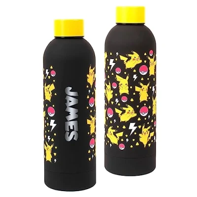 Image of Pokemon Personalised Pikachu Children’s Water Bottle Kids Stainless Steel For School Black/Yellow