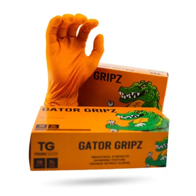 Image of TG TOUGH GLOVE Gator Gripz (M) Nitrile Gloves (Pack Of 50) Diamond Texture Orange Disposable Powder &amp; Latex Free Super Strong Heavy Duty