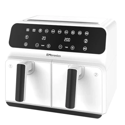 Image of EMtronics EMAFDD8LWH Dual Air Fryer Extra Large Family Size Double XL 8 Litre with Adjustable Pre Set Menus for Oil Free &amp; Low Fat Healthy Cooking, Easy Clean Metal Interior, 99 Minute Timer White