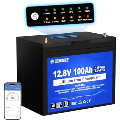 Image of DC HOUSE 12V 100Ah LiFePO4 Trolling Motors Battery with SOC Status Indicators, Bluetooth &amp; Low Temp Cut Off, 100A Smart BMS, Up to 15000 Cycles for RV, Marine, Boat, Solar Off Grid