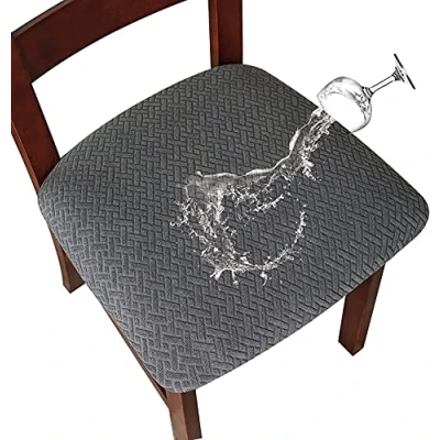 Image of LANSHENG Waterproof Chair Seat Covers for Dining Room Jacquard Washable Stretch Slipcovers Protector Set of 4 Kitchen with Buckle (Dark Grey, 4)