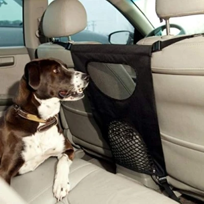 Image of Pssopp Dogs Backseat Net Barrier Pet Seat Puppy Mesh Obstacle To Keep Your Pets Drivers Safety in Travel With Hooks Straps For Car Vehicle