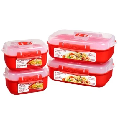 Image of Sistema Heat and Eat Microwave Set. 1.25 L, 525 ml, Rectangular School Lunch Boxes with Steam Release Vents, BPA Free, 4 Count, Red