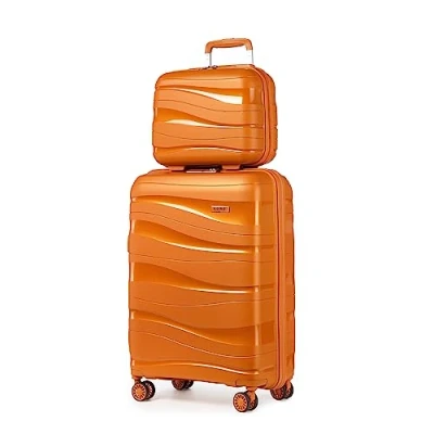 Image of Kono Luggage Sets of 2 Piece Lightweight Polypropylene Hard Shell Suitcase with TSA Lock Spinner Wheels Travel Carry On Hand Cabin Beauty Case (Set 2, Orange)