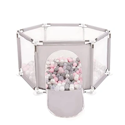 Image of Selonis Hexagon 6 Side Play Pen with 900 Balls, Grey:Pearl/Grey/Transparent/Powder Pink