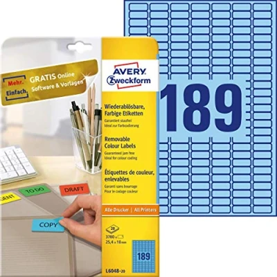 Image of Avery Zweckform Labels 25.4 x 10 mm Removable Inkjet/Laser/Copier Blue