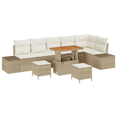 Image of vidaXL 9 Piece Garden Sofa Set with Cushions Beige Poly Rattan Acacia