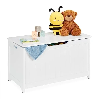 Image of Relaxdays, Storage Chest with Lid, Large Toy Box, Trunk for Playroom &amp; Nursery, HxWxD: 45 x 80 40 cm, MDF, White, Fibreboard