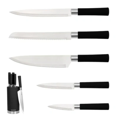 Image of Blackmoor Orb 5 Piece Knife Set with Storage Stand/Stainless Steel Knives Soft Grip Handles &amp; Brushed or Wood Detail/Easy Clean Essential Kitchen Accessory (Black Steel)