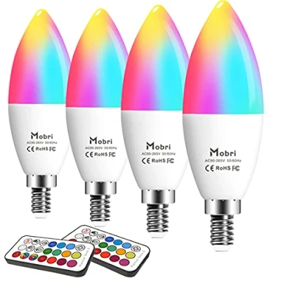 Image of Mobri E14 Candle LED Light Bulbs, 5W Colour Changing with Remote Control, 40W Equivalent Small Edison Screw, RGB+Warm White (2700K)
