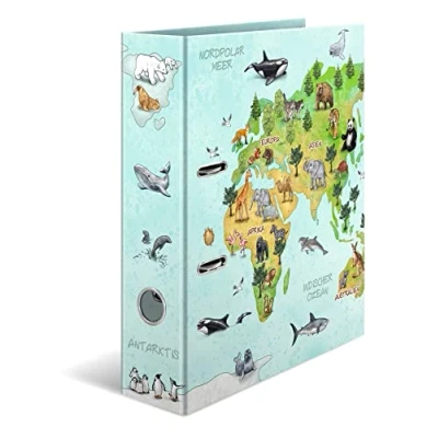Image of HERMA Lever Arch File Kindergarten Animals with World Map Motif, A4, 70 mm Spine, Inner Print, 1 Folder