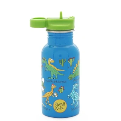 Image of Tyrrell Katz Kids Dinosaurs Printed Drinking Bottle in Blue with Straw Stainless Steel Dishwasher Safe Children&#039;s School Water Flask 400 ml