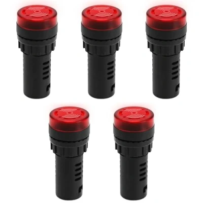 Image of YINETTECH 5Pcs AC/DC 22mm Red Indicator Light with Buzzer Panel Mount Flashing Alarm LED Flash Signal for Electrical Control