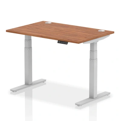 Image of Air 1200x800mm Height Adjustable Desk Walnut Cable Ports Silver Leg