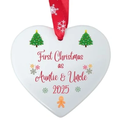 Image of Second Ave First Christmas as Auntie &amp; Uncle White Ceramic Hanging Heart Xmas Tree Decoration Bauble