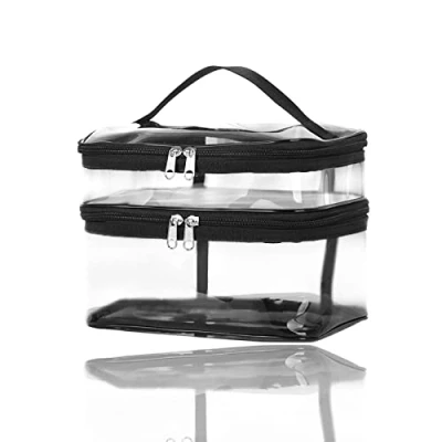 Image of Clear Makeup Bag for Travel, Cosmetic Large Capacity Transparent Toiletry Waterproof Vanity Double Layer Portable PVC Wash Travelling