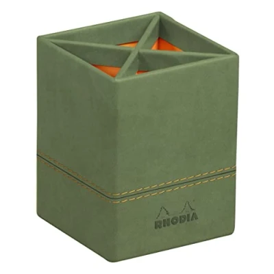 Image of RHODIA 194530C Sage Pencil Pot 8x8x11 cm Orange Saddle Stitching Faux Leather Exterior Home Office Collection Rhodiarama Organization &amp; Design Storage