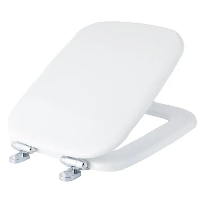 Image of BEMIS Rio Soft Close Toilet Seat. Square Seat with Water Based Paint for Easy Clean, White Chrome Hinges, Universal &amp; Installation, Wooden Seat,