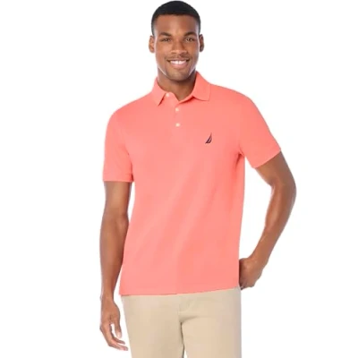 Image of Nautica Men&#039;s Short Sleeve Solid Stretch Cotton Pique Polo Shirt, Pale Coral, Medium
