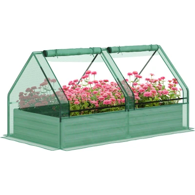 Image of Outsunny Raised Garden Bed with Mini Greenhouse, Outdoor Metal Planter Box Cover, for Herbs and Vegetables, Use Patio, Garden, Balcony, Green Dark Grey