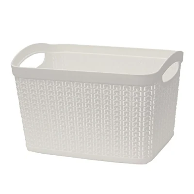 Image of JVL 13 353WH Knit Design Loop Plastic Rectangular Small Storage Basket with Handles, Ivory, 20 x 26 17 cm, 6.6 Litres